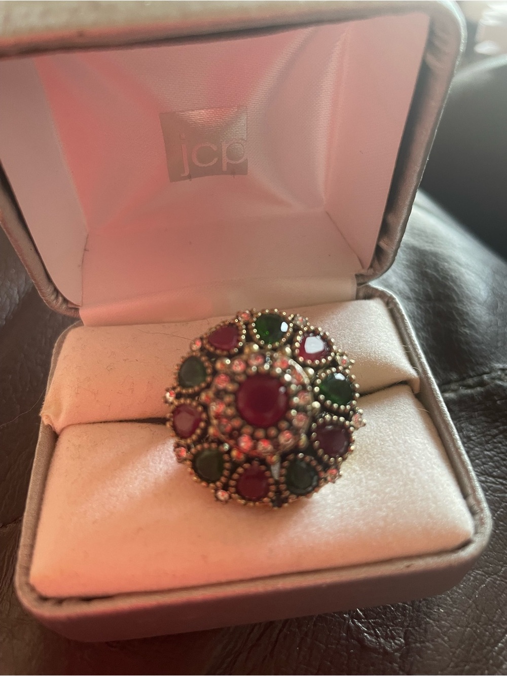 Vintage-Style JCPenney Red & Green Gemstone Cluster Statement Cocktail Ring SZ10